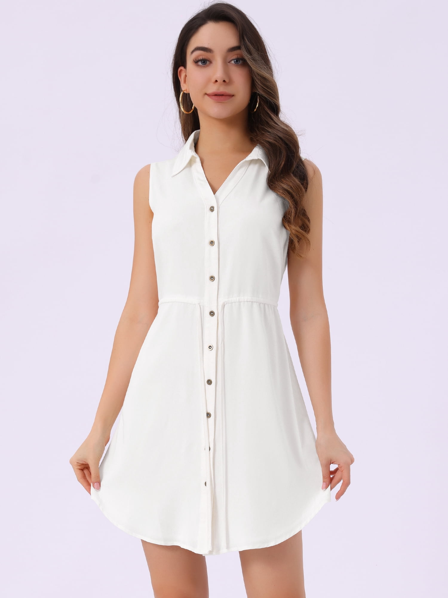 DARING DIVA Women's Chambray Sleeveless Button Down Jean Denim Shirt Dress L White