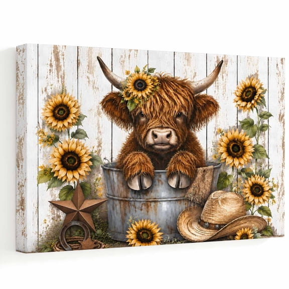 Farm Highland Cow Canvas Wall Art, Country Star Farmhouse Sunflowers Cowboy Hat Wall Art Prints Artwork Framed Canvas Ready to Hang Art Pictures for Bathroom Bedroom Entry Desk Corner 10" x 8"