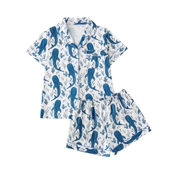 CUZIBR Kids Pajamas For Boys Girls Short Sleeve Ocean Animal Graphic Button Down Shirt And Shorts 2 PC Sleepwear Lapel Smooth Loungewear Soft Festival Party Homewear,Blue,3-4 Years