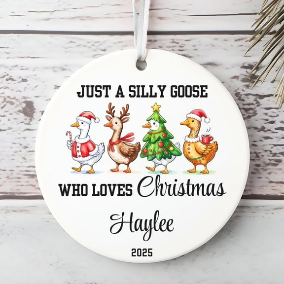 Personalized Silly Goose Christmas Ceramic Ornament, Funny Goosemas Holiday Tree Keepsake Decoration, Custom Name Gift