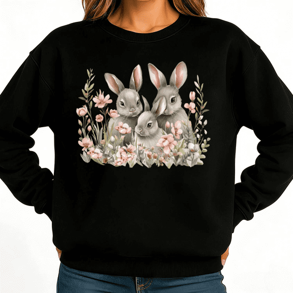 Watercolor Easter Bunny Family Floral Womans Print Sweatshirt Graphic Sweatshirt Black White S-3XL Spring Casual Tops