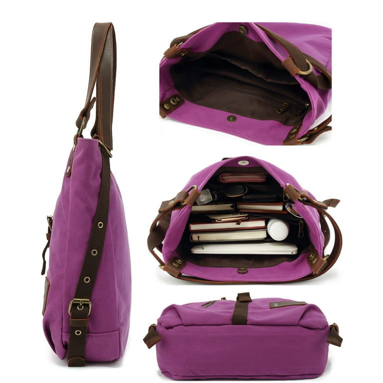 Hanalilly Handbag Shoulder Bag Purple Convertible Backpack Purse Tote Canvas Genuine Leather