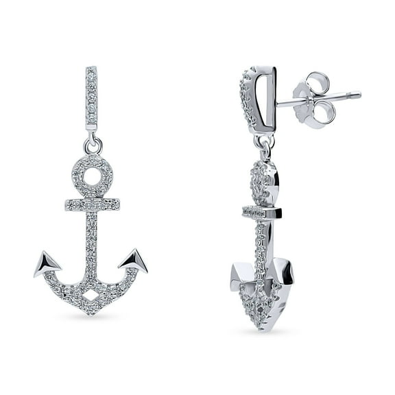 BERRICLE Sterling Silver Anchor Cubic Zirconia CZ Fashion Dangle Drop Earrings for Women, Rhodium Plated