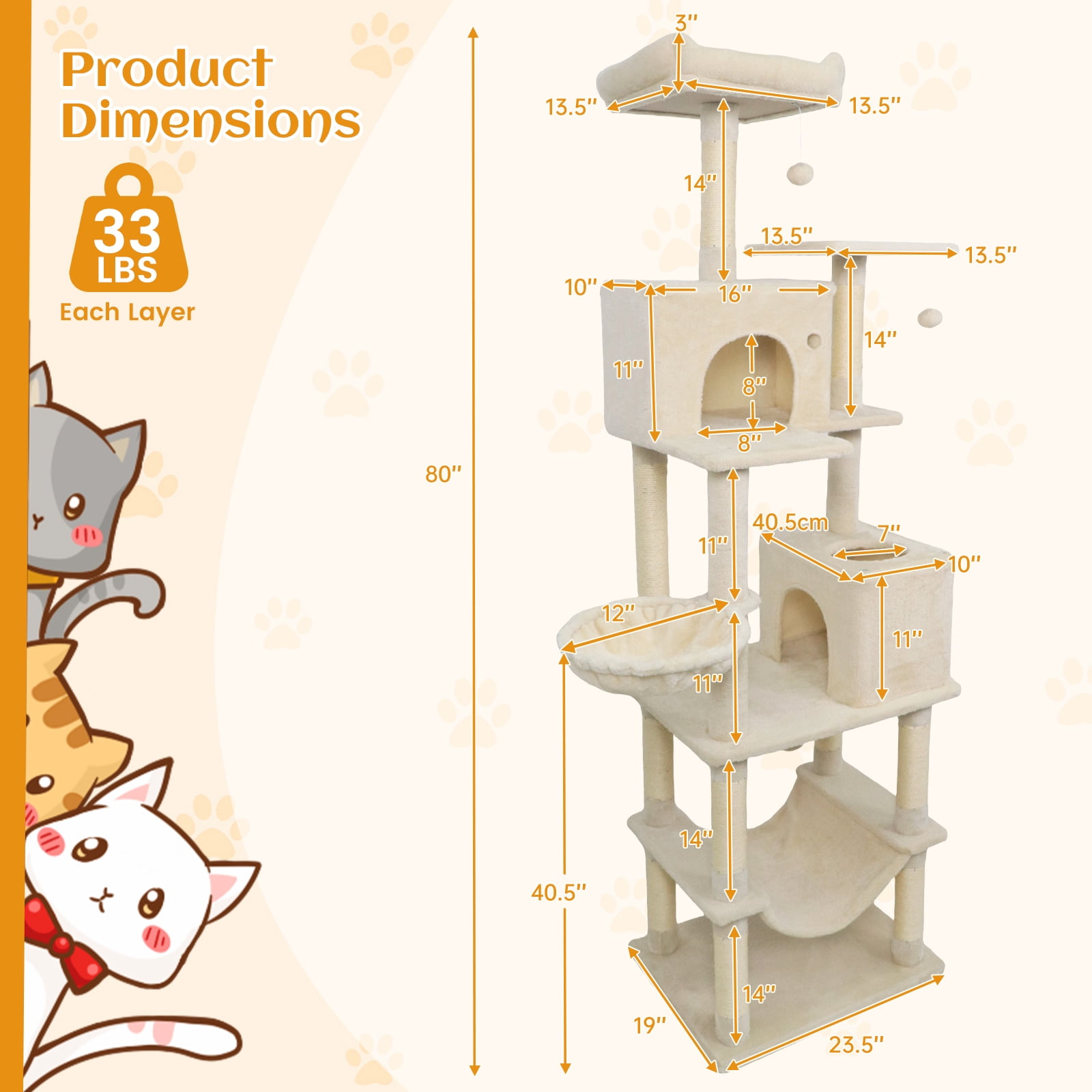 Gymax 80'' Tall Cat Tree w/2 Condos Sisal Scratching Posts Plush Perch Hammock Basket Beige