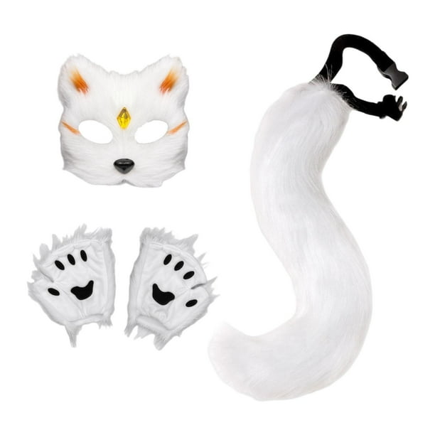 Máscara y cola de animal, disfraz de adorable disfraz con guantes para fiesta de Halloween. Chip blanco amarillo