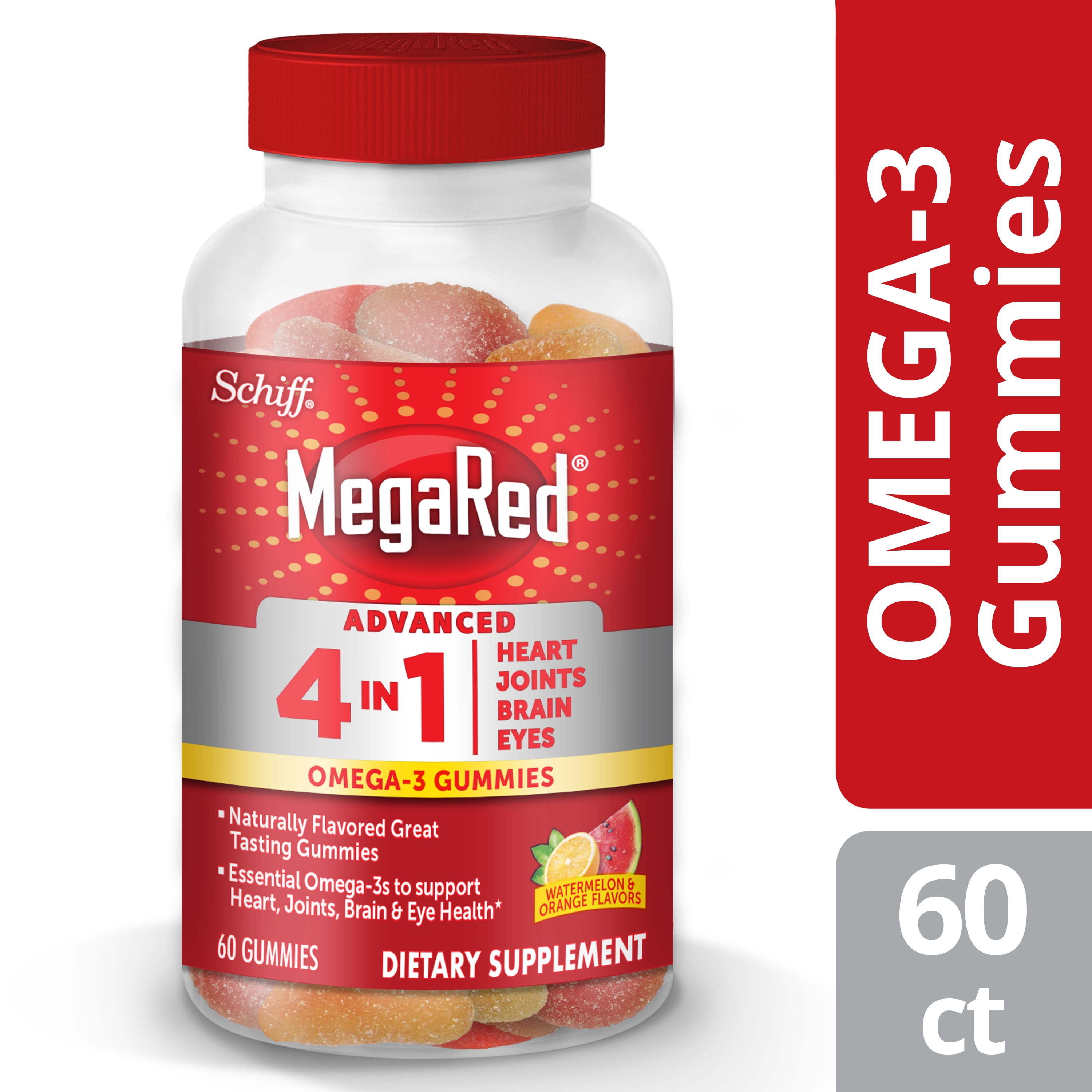 MegaRed Advanced 4in1 Omega-3 Watermelon & Orange Flavor Gummies (60 count), Omega-3s for Heart, Joints, Brain & Eye Health*