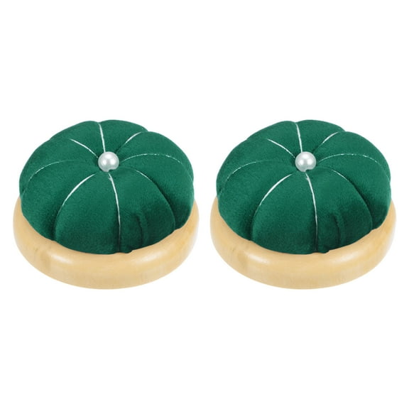 Uxcell 2pcs Wooden Base Pin Cushion Japanese Style Cute Needle Holder Pincushions Round Dark Green