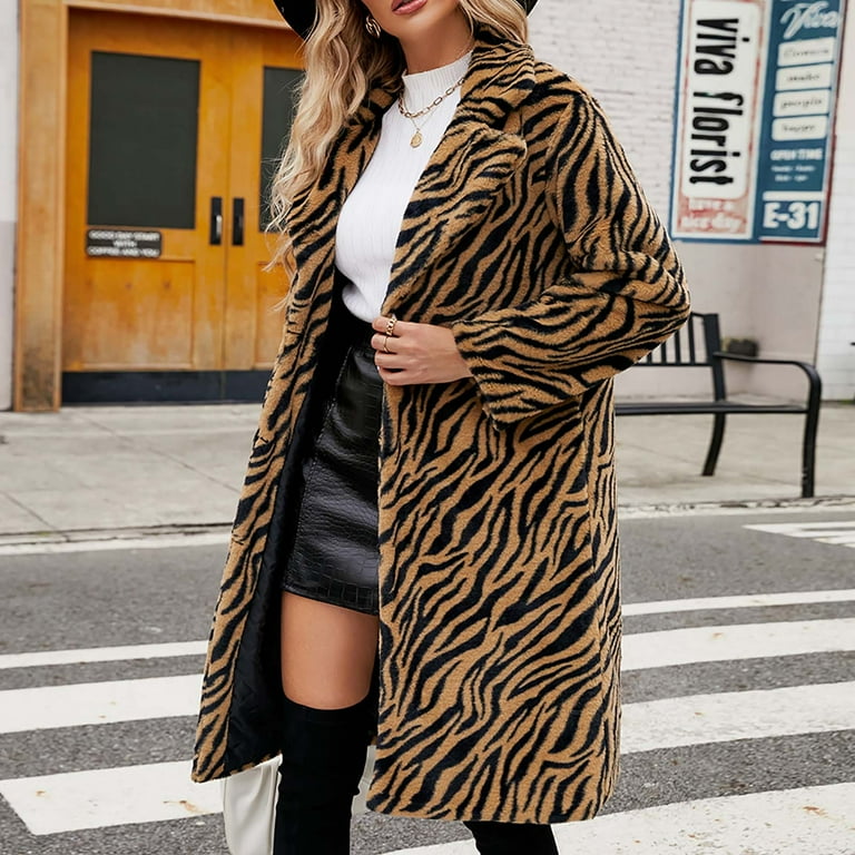 ylioge Winter Coats for Women Womens Warm Faux Plush Furry Coat Plus Size Tiger Pattern Print Trench Coats Long Sleeve Lapel Fleece Jackets Long Cardigans for Women Winter Saving Clearance Walmart