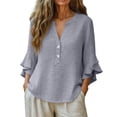 thumbnail image 5 of Hilenly Boho Tops for Women 3/4 Ruffle Sleeve Blouse V Neck Cotton Linen Shirts Tunic Shirts, 5 of 10
