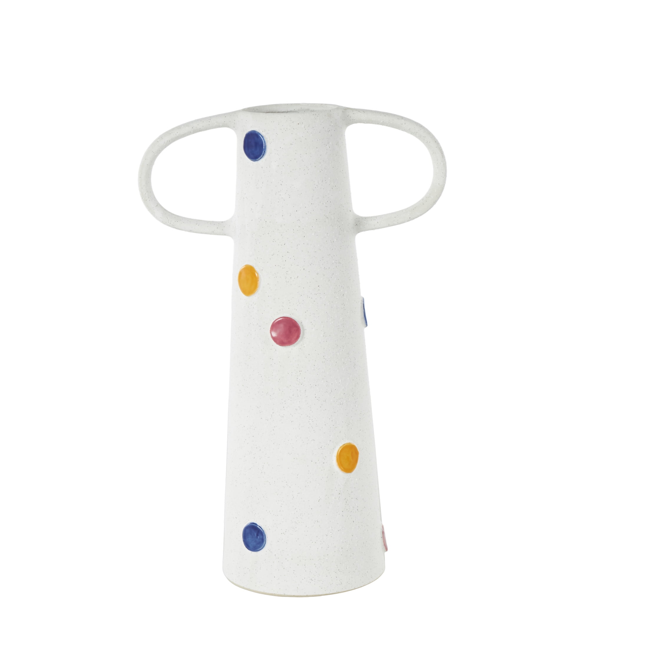 DecMode 16" Slim Cone White Ceramic Vase with Multicolor Spots and Handles