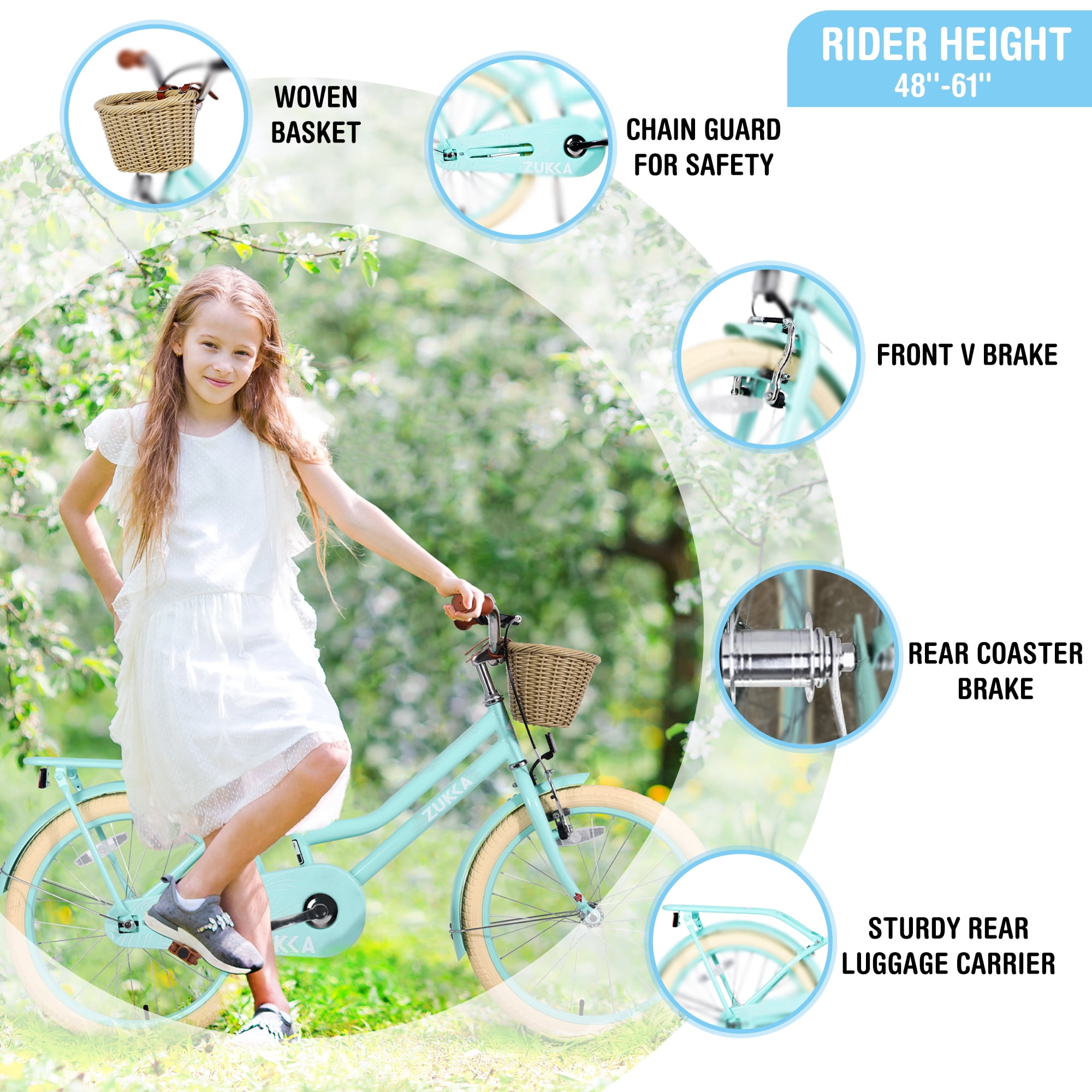 Ambifirner 20” City Bike with Basket -85% assembled, Low-Step Frame & V-Brakes, 85% Pre-Assembled for Outdoor Fun (Mint Green)​​