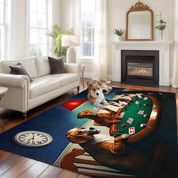 Abstract Animal Large Area Rugs 8x10 ft Dog In The Room Playing Poker Games Washable Rug Non Slip Indoor Carpet Absorbent Floor Mat for Living Room Bedroom Dining Room