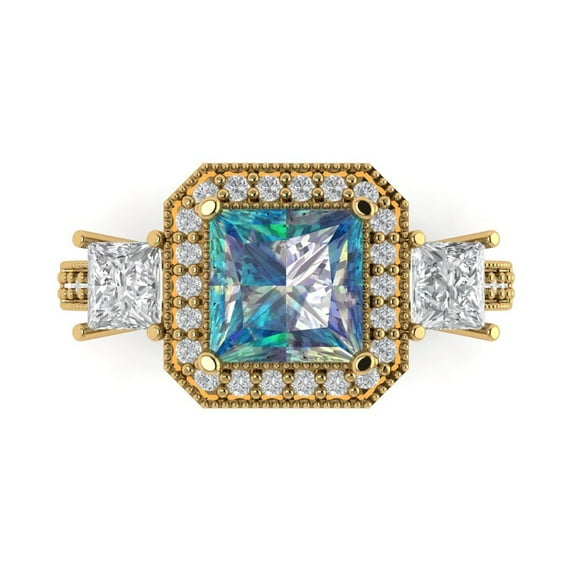 3.005 ctw 3 Stone Anniversary Ring for Women | Princess Cut Blue Moissanite | Hyperallergenic Solid 14K Yellow Gold