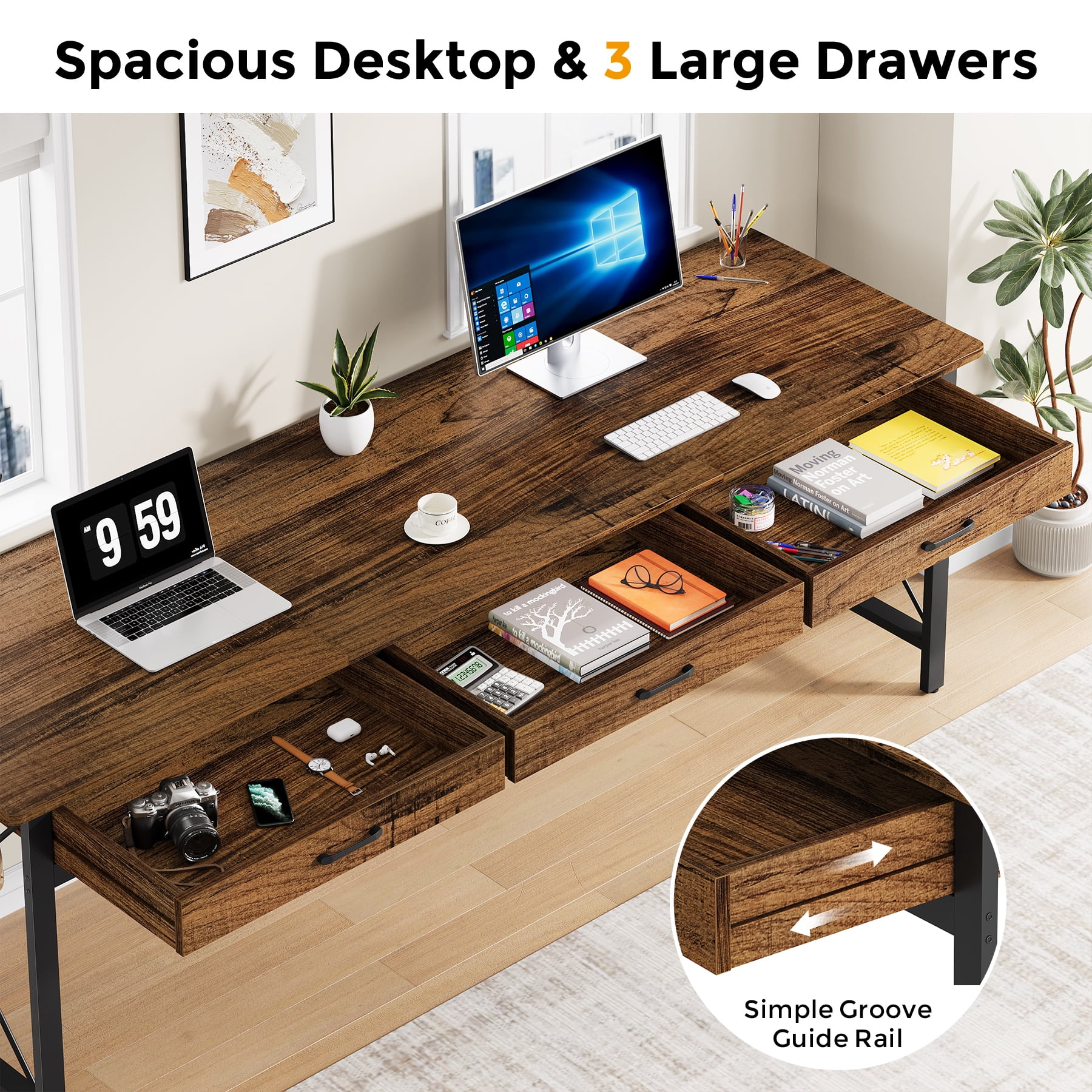 Condemo 78.7 inch Extra Long Computer Desk, Double Desk with 3 Drawers, Two Person Desk with Hooks, Industrial Writing Study Table Workstation for Home Office, Light Brown and Black