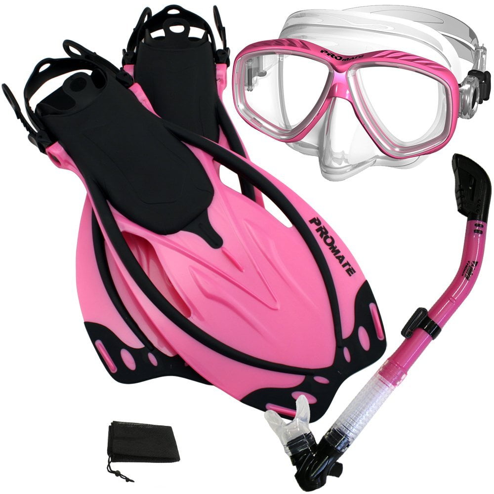Snorkeling Scuba Dive DRY Snorkel Purge Mask Diving Fins Gear Set, Pink, SM