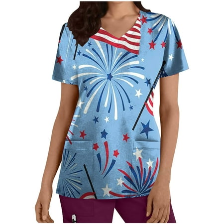 

Edvintorg 4Th Of July Women Casual Scrubs Tops Short Sleeve V-Neck Tops Workwear Uniform Independence Day Printed Loose Shirts Tee Tops With Pockets On Clearance