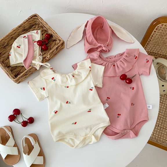 LYMAYTER ‌Newborn Baby Girls Infant Short Sleeve Romper Cute Cherry Pattern Long Sleeves Bodysuit Outfit‌