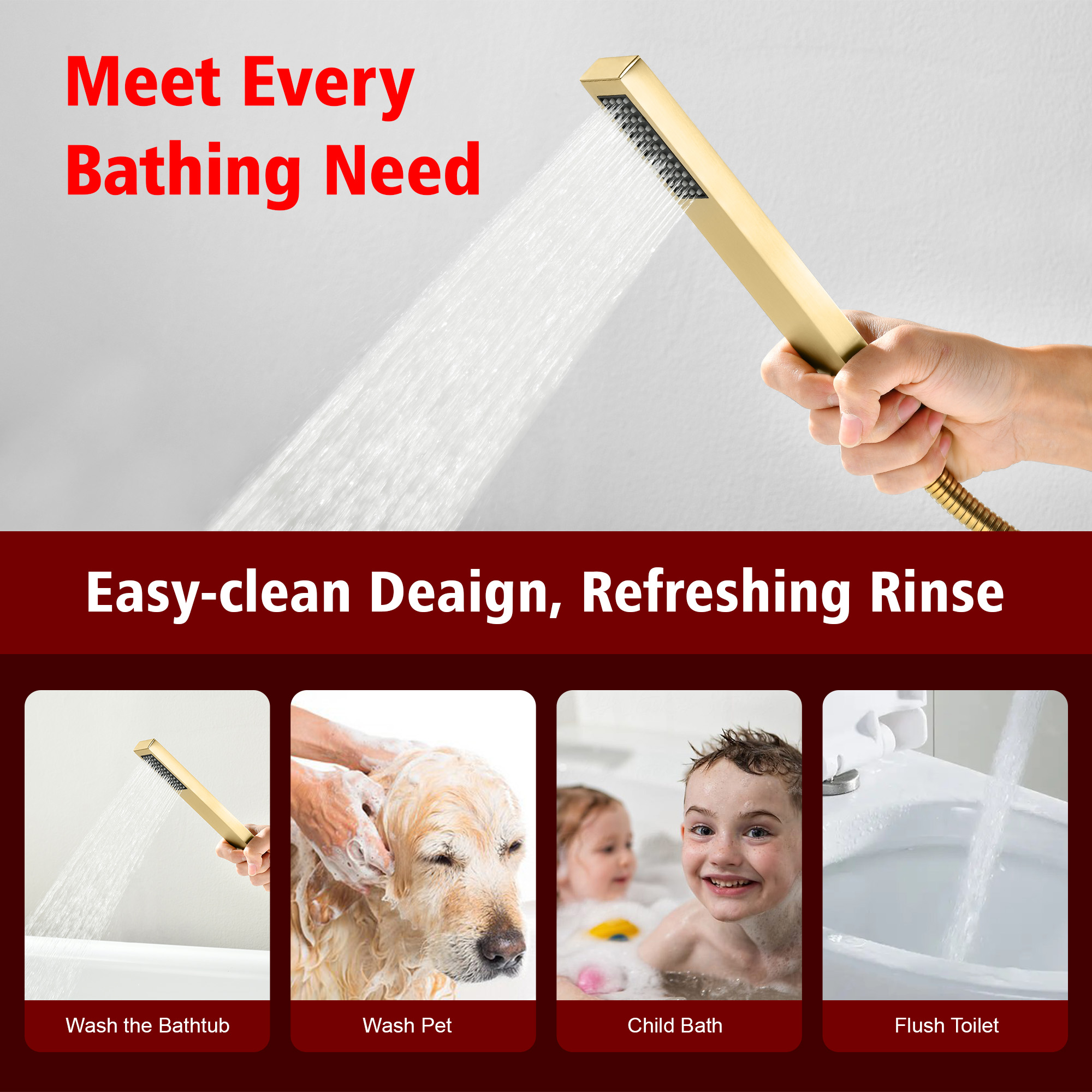 SUMERAIN Bathroom Freestanding Tub Filler Faucet, Brushed Gold Waterfall Floor Mount Bathtub Faucet with Hand Shower, High Flow