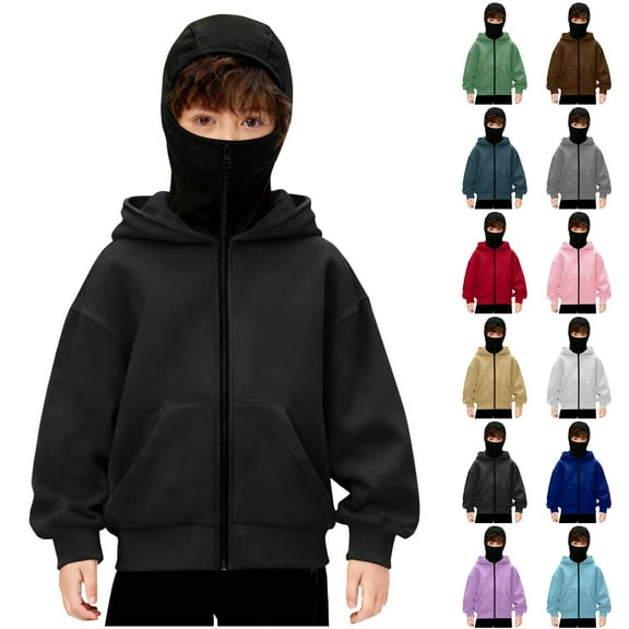 AJTQTH Unisex Boys Girls Balaclava Hoodie with Face Mask Kids Full Zip Up Ski Mask Jacket Double Hooded Pullover Sweatshirt Wind Resistant Cardigan Outwear Tops Gray 12-13 Years