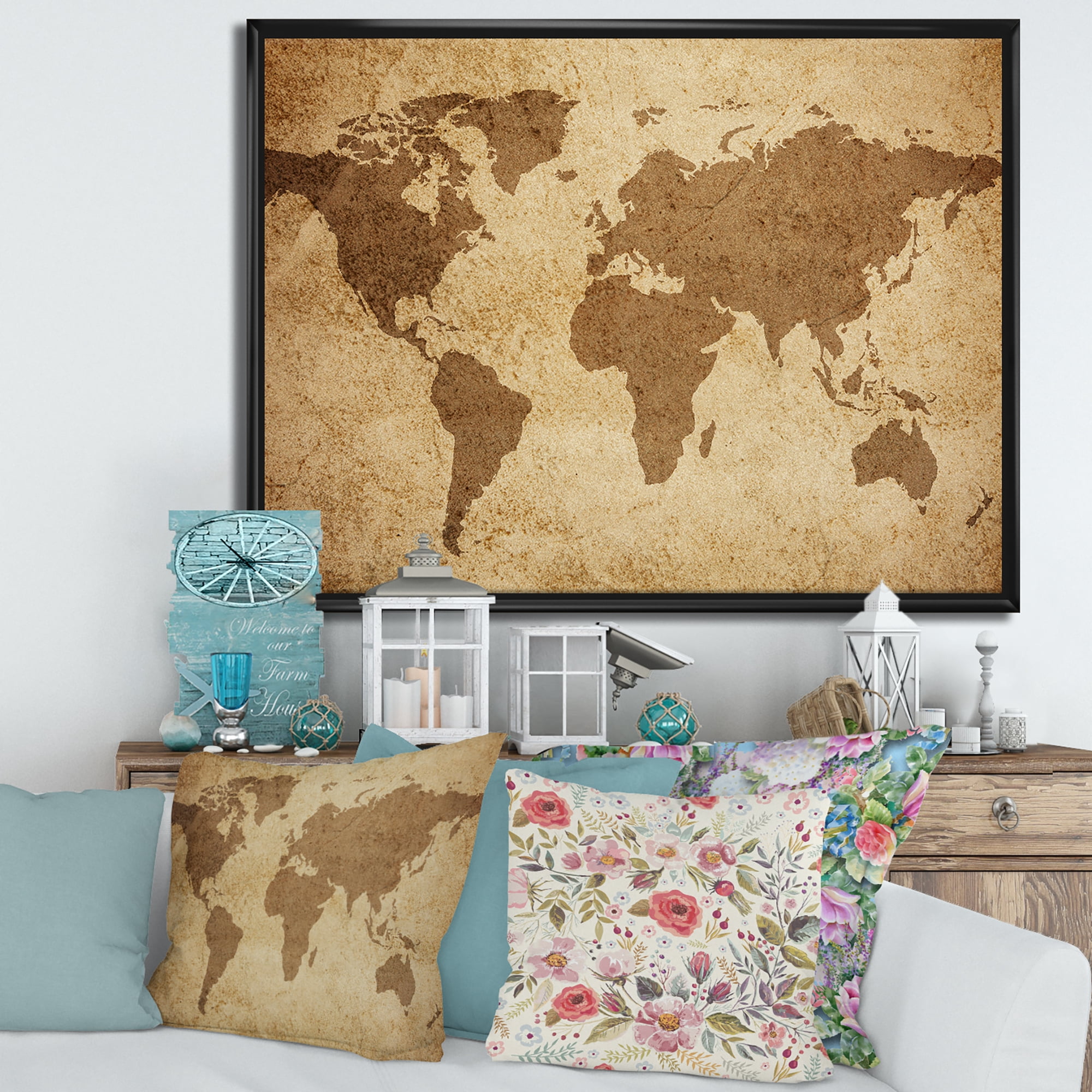 Ancient World Map V 32 in x 24 in Framed Painting Canvas Art Print, by Designart