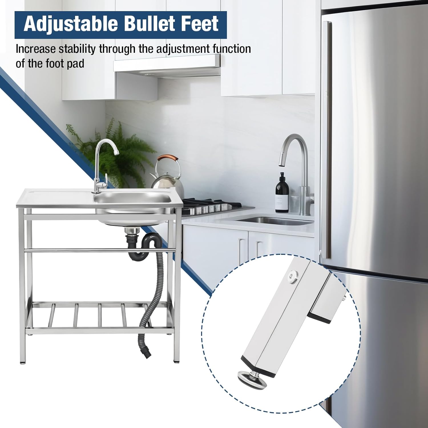 Free Standing Single Bowl Kitchen Sink, Stainless Steel Utility Sink with Cold and Hot Water Pipe for Kitchen, Garage, Backyard