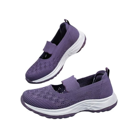 

Daeful Women s Flats Ankle Strap Sneakers Slip On Walking Shoe Comfort Elastic Band Mary Jane Women Mesh Casual Shoes Purple 5.5