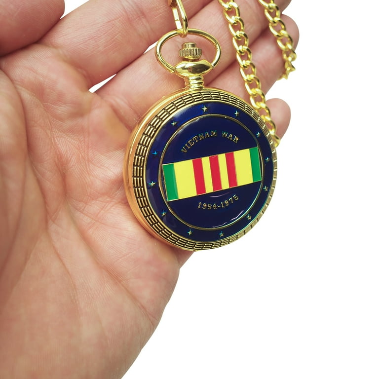 Military Vet Vietnam War US Ribbon Mens Gold Pocket Watch Chain Nam Veteran Gift
