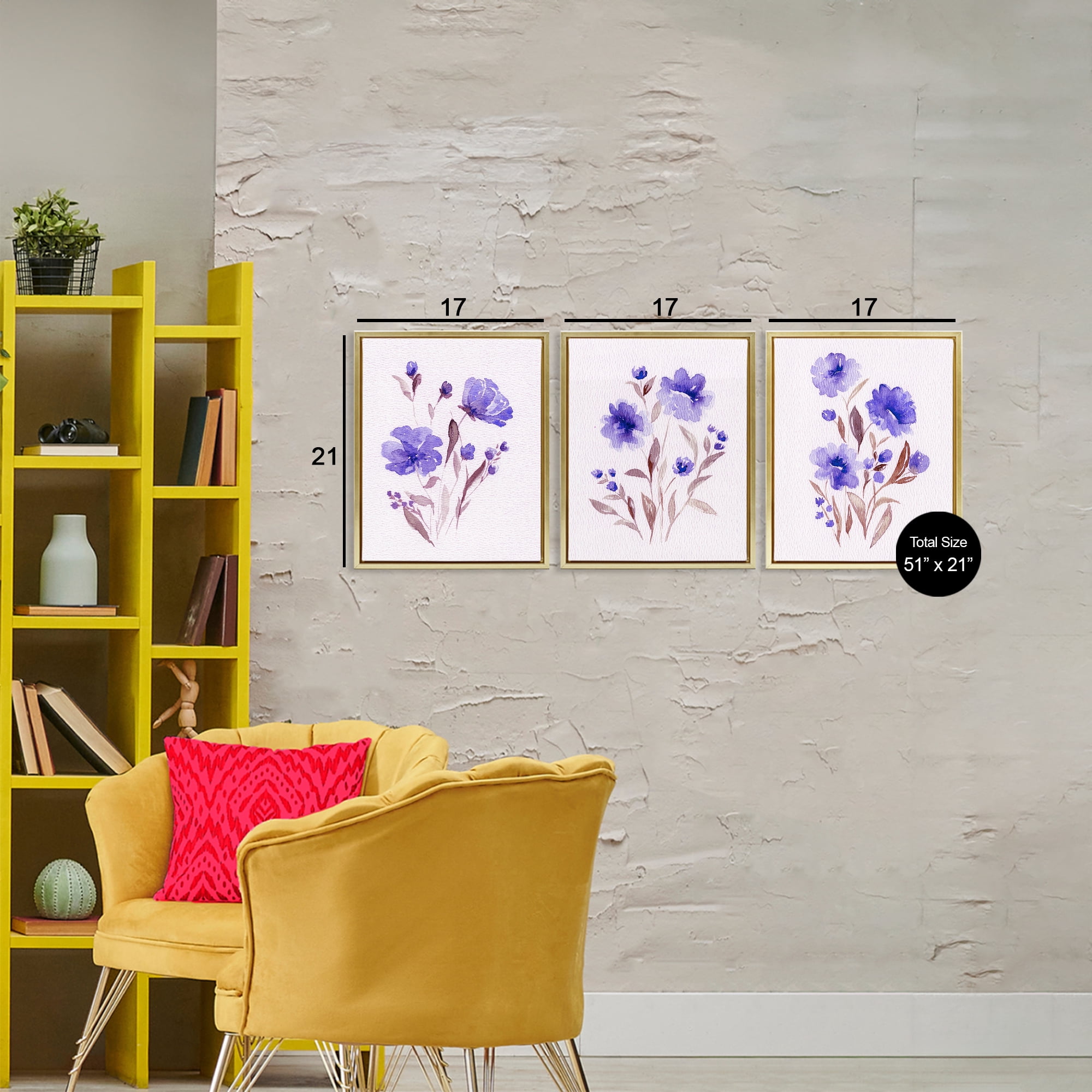 Stupell Industries Watercolor Purple Blooms 3 Piece Gold Framed Floater Canvas Set, design by Leah Noel Art
