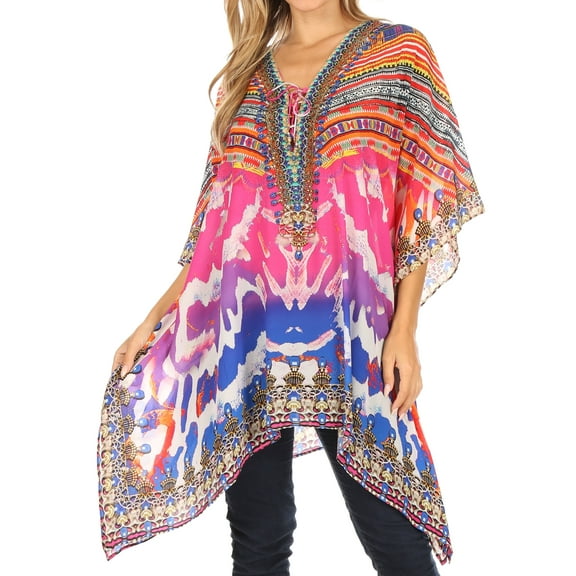Sakkas Aymee Women's Caftan Poncho Cover up V neck Top Lace up With Rhinestone - WM111-Multi - One Size Regular