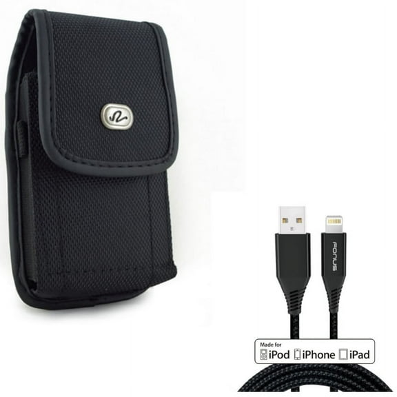 6ft MFi USB Cable w Case Belt Clip for iPhone XS/X - Certified Charger Cord Power Wire Braided, Rugged Holster Canvas Cover Pouch for iPhone XS/X