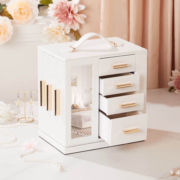 Enogets 360° Rotating Jewelry Box, Jewelry Organizer with Transparent Window & Mirror for Girls Women(White)