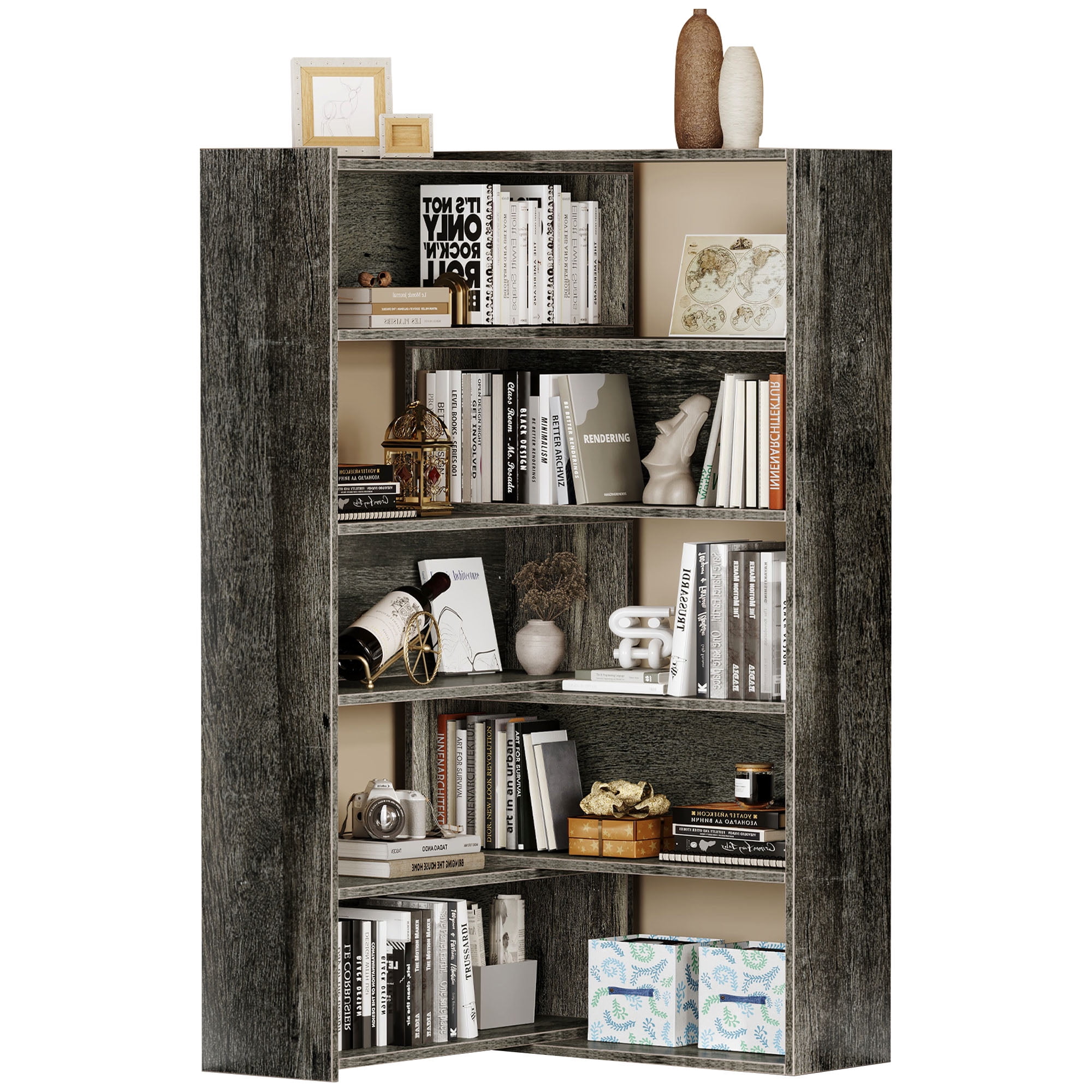 Dextrus 5 Tiers Bookcase with Baffles, Industrial Large Etagere Corner Bookshelf, Display Rack, Gray