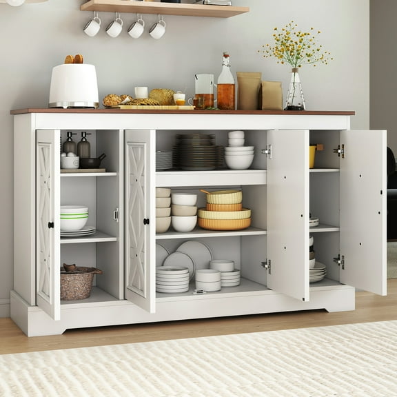Dextrus 59" Farmhouse Sideboard Buffet Cabinet with Storage, Adjustable Shelves, 4 Doors, White
