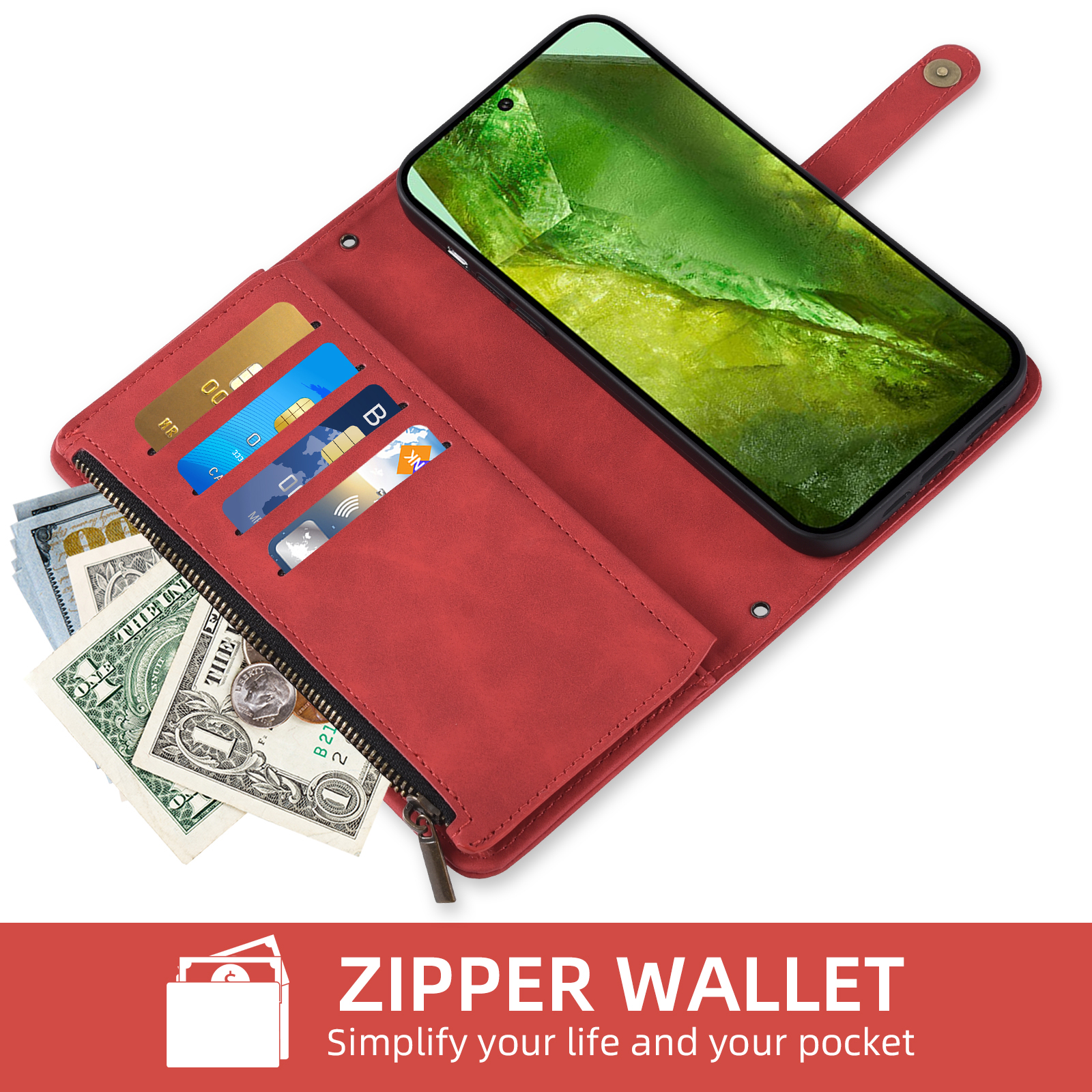 Asuwish Phone Case for Google Pixel 8A Wallet Cover With Tempered Glass Screen Protector Crossbody Wrist Strap Flip Pattern Zipper Credit Card Holder Stand Slot Folio Cell Pixel8A A8 5G Women Men Red