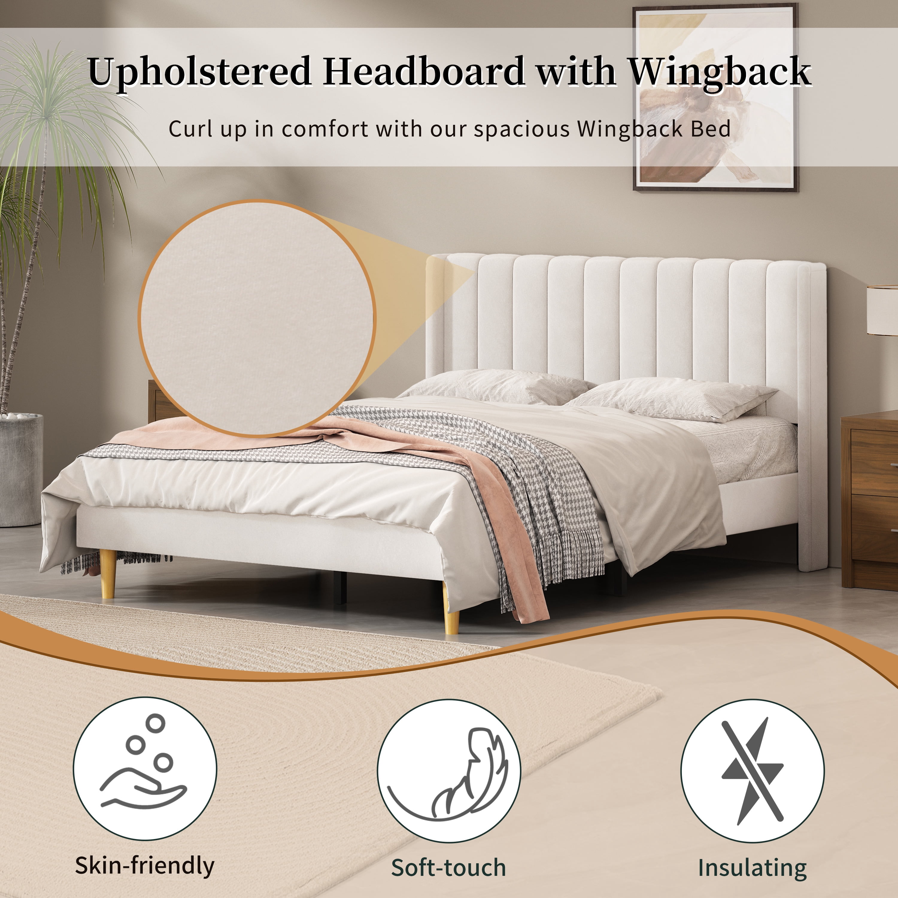Queen Size Upholstered Bed Frame,40.9" High Headboard,Strong Metal Frame,Wooden Slats Support,No Box Spring Needed,Easy Assembly,Velvet Fabric,Cream
