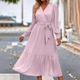 thumbnail image 5 of JNGSA Womens Holiday Dress, Womens 2023 Fall Wedding Guest Dress V Neck Long Sleeve Tie Waist Dress Long Maxi Dress, 5 of 7