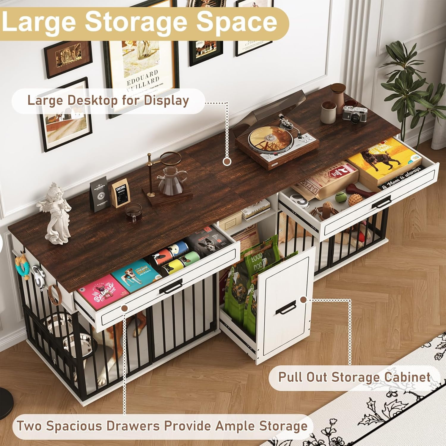 ChVans 86.6" Dog Crate Furniture TV Stand for Large Breed Dogs, Wooden Kennel with Dual rooms, Dog Bowl, 2 Drawers &  Cabinet for Medium-Large Dogs