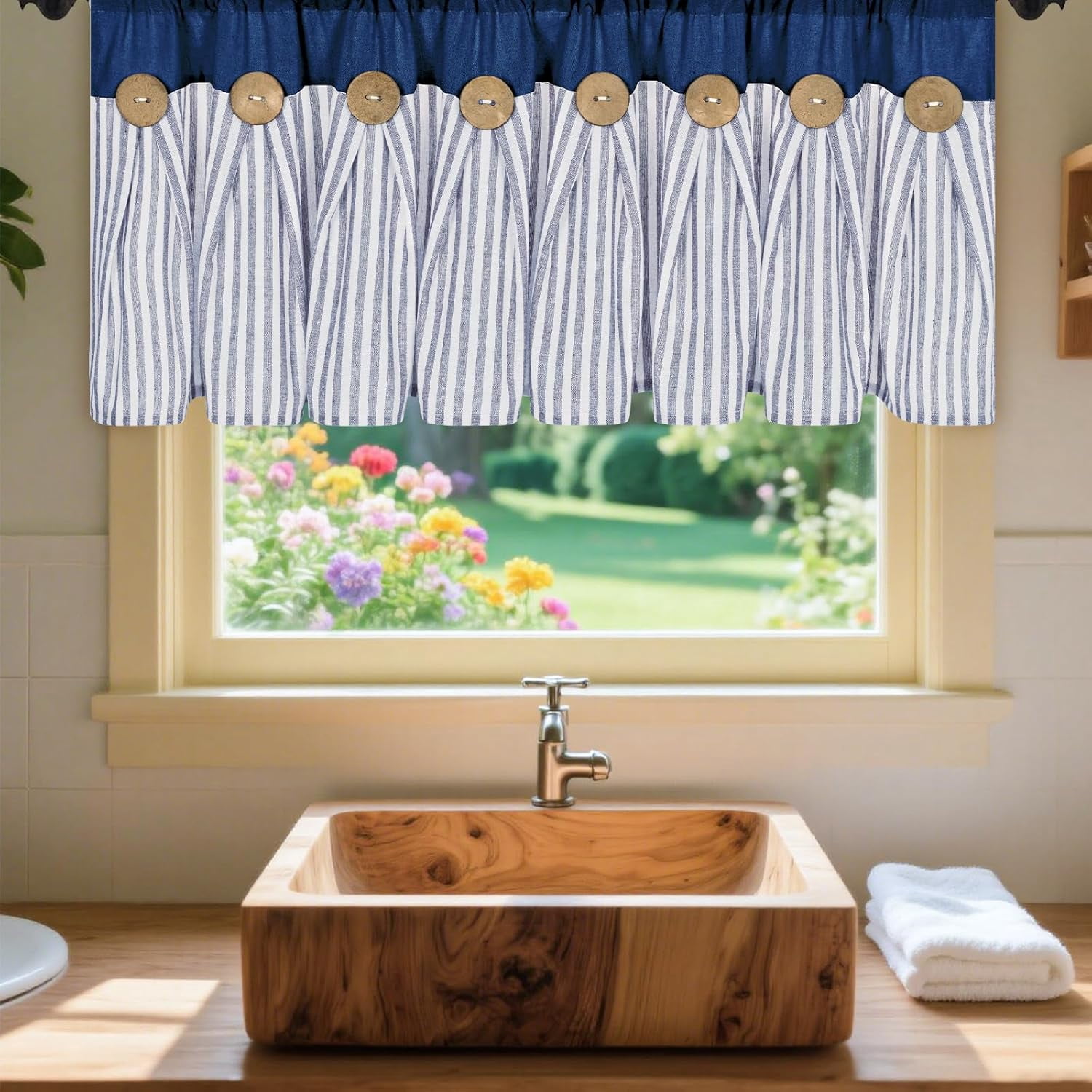 Alishomtll Modern Blue Stripes Bohemian Rod Pocket Light Filtering Kitchen Valances, 52" x 18"