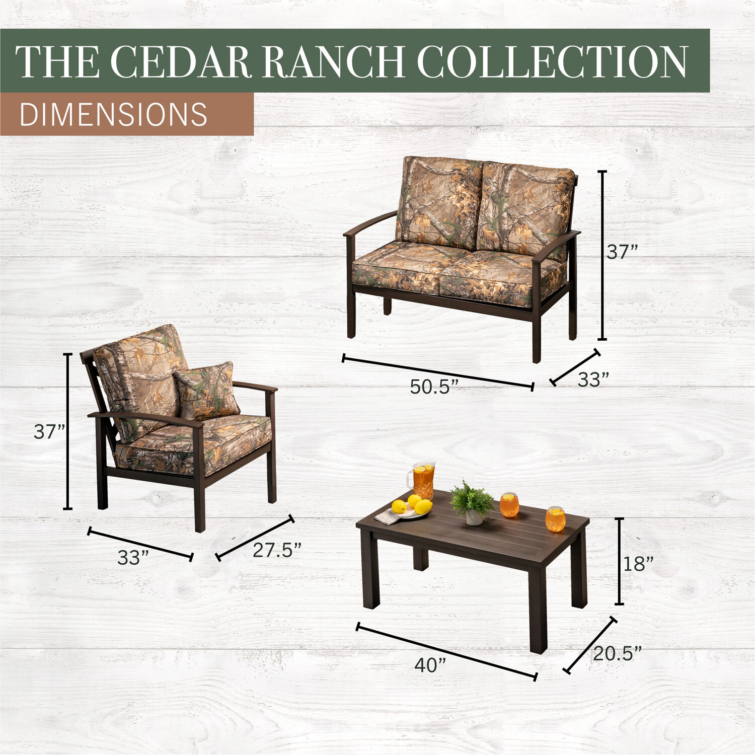 Hanover Cedar Ranch 4-Piece Outdoor Patio Furniture Set, 2 Deep Seating Chairs, Loveseat, and Coffee Table, Thick RealTree Printed Camo Cushions, CDRN - image 3 of 10
