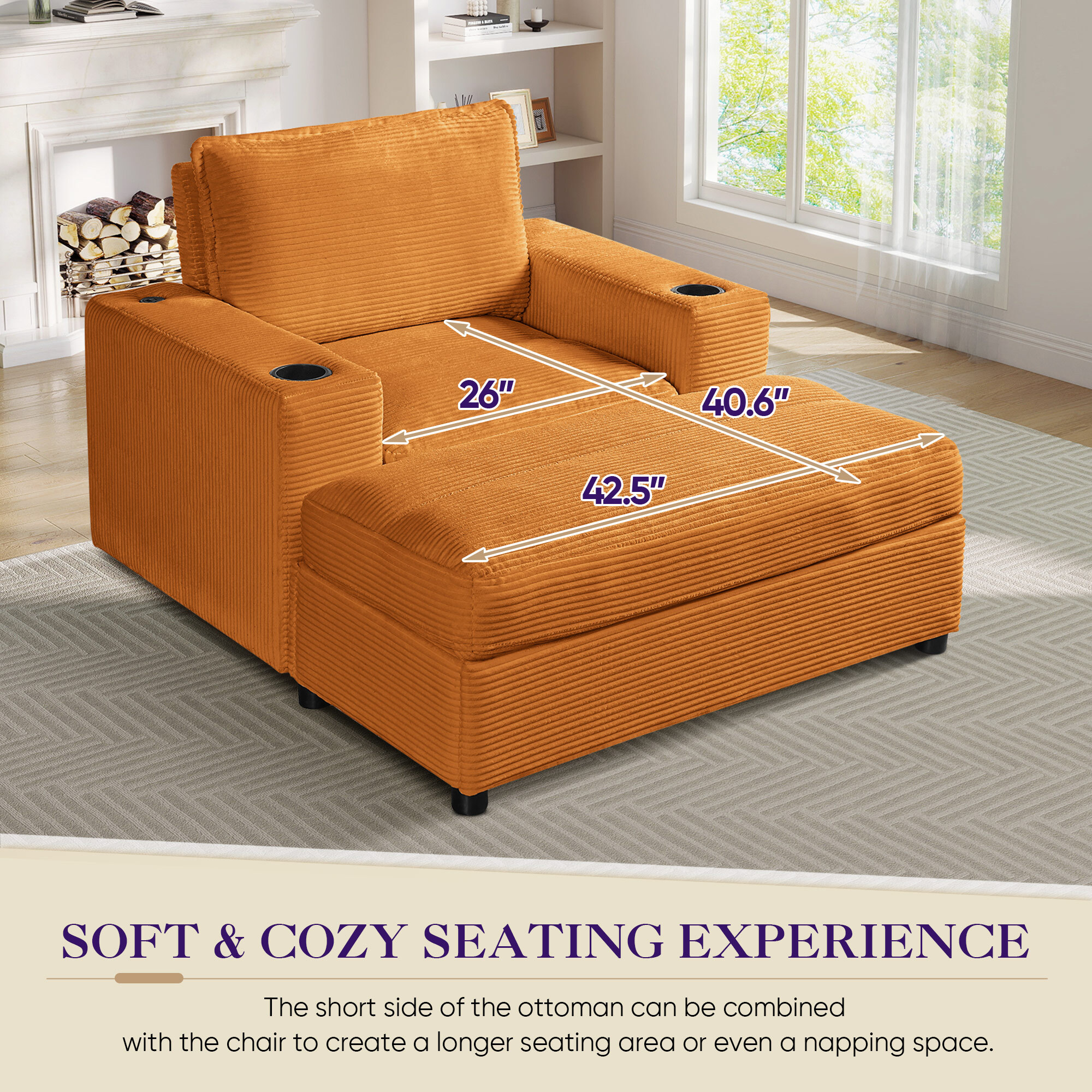 Lunale 42.8" Accent Chair with Ottoman, Indoor Chaise Lounge Chair with USB & Storage, Plush Reading Sofa Armchair for Living Room, Bedroom, Apt, Orange Corduroy