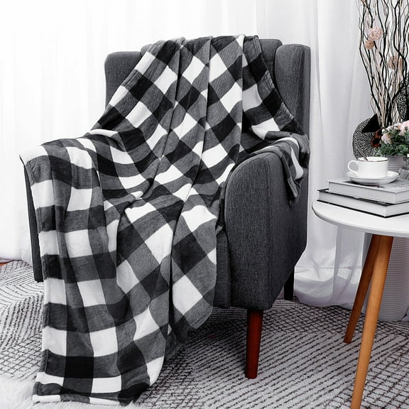 PiccoCasa Decorative Plaid Flannel Fleece Blanket, Black and White Twin-60"*78"