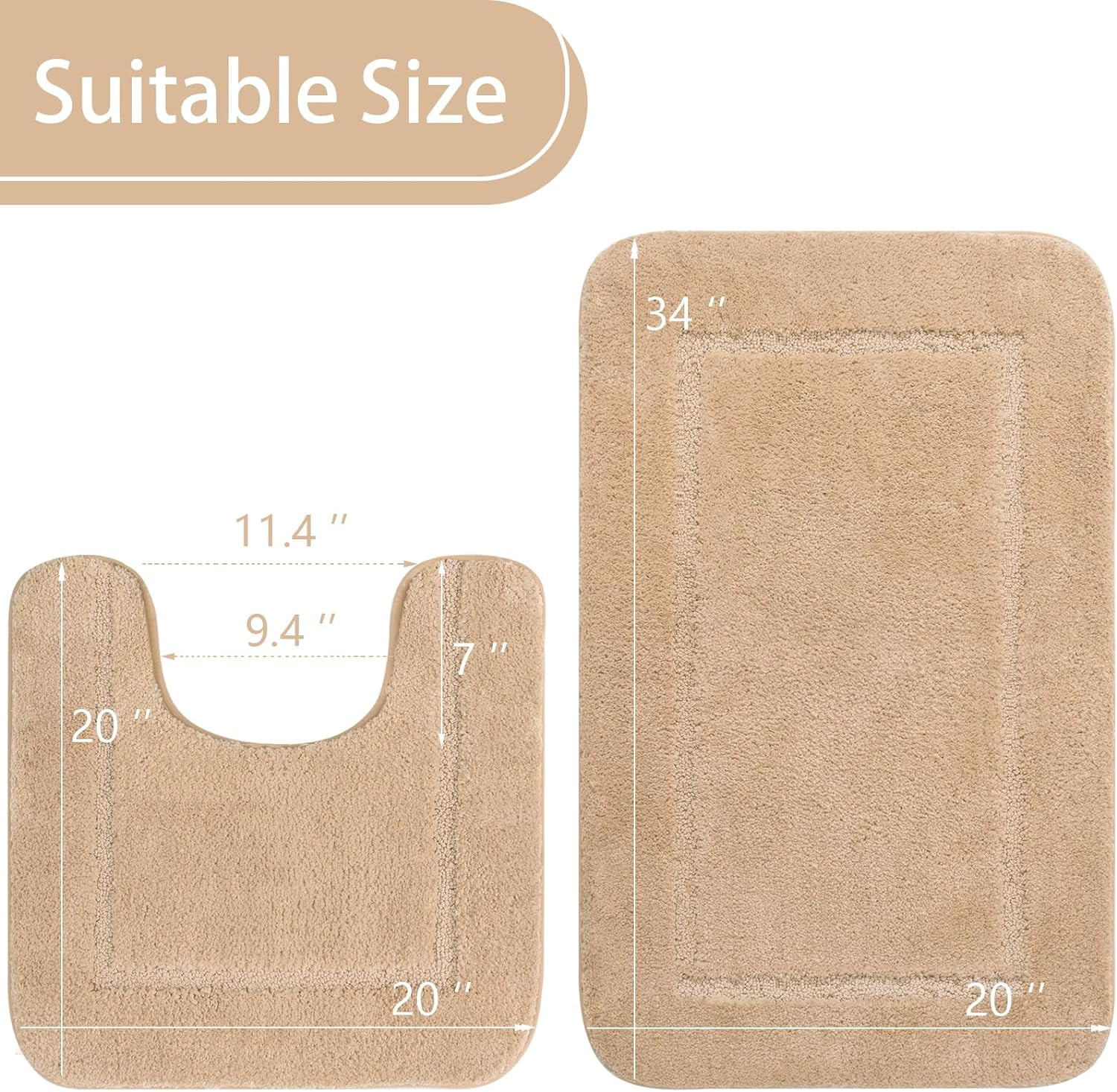 Homore Bathroom Rugs Sets, Luxury Bath Mat Set Anti-Slip Bath Rug and U-Shaped Toilet Mat Camel