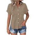 thumbnail image 4 of KIHOUT Women's Crinkle Gauze Button-Down Shirt Short Sleeve Rolled Cuff Split Hem Casual Cotton Blouse, 4 of 7