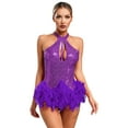 thumbnail image 6 of TiaoBug Women Stage Performance Dancewear Glittery Sequins Tango Salsa Latin Dance Leotard Dress Purple S, 6 of 7