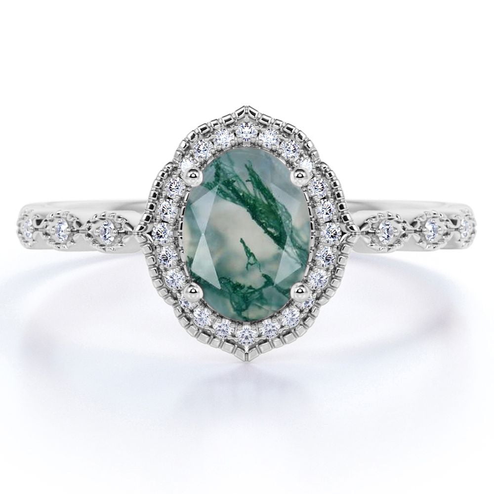 JeenMata 1.75 Carat 4 Prong Halo Oval Cut Milky White Dendritic Moss Green Agate And Moissanite Milgrain Filigree Antique Design Engagement Ring In 18K White Gold Plating Over Silver