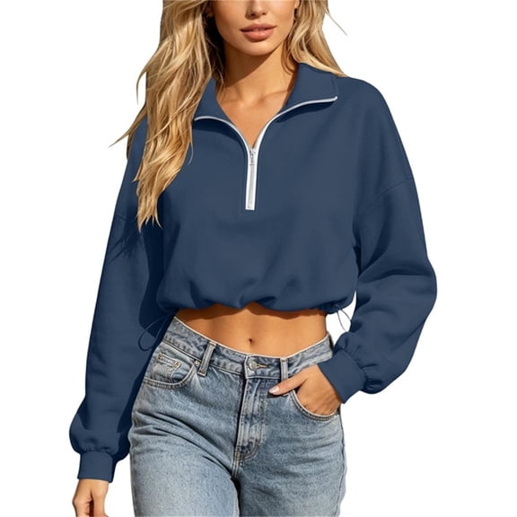 hoksml Women Half Zip Collar Drawstring Hem Cropped Sweatshirt Drop Shoulder Puff Long Sleeve Pullover for Street Casual Daily