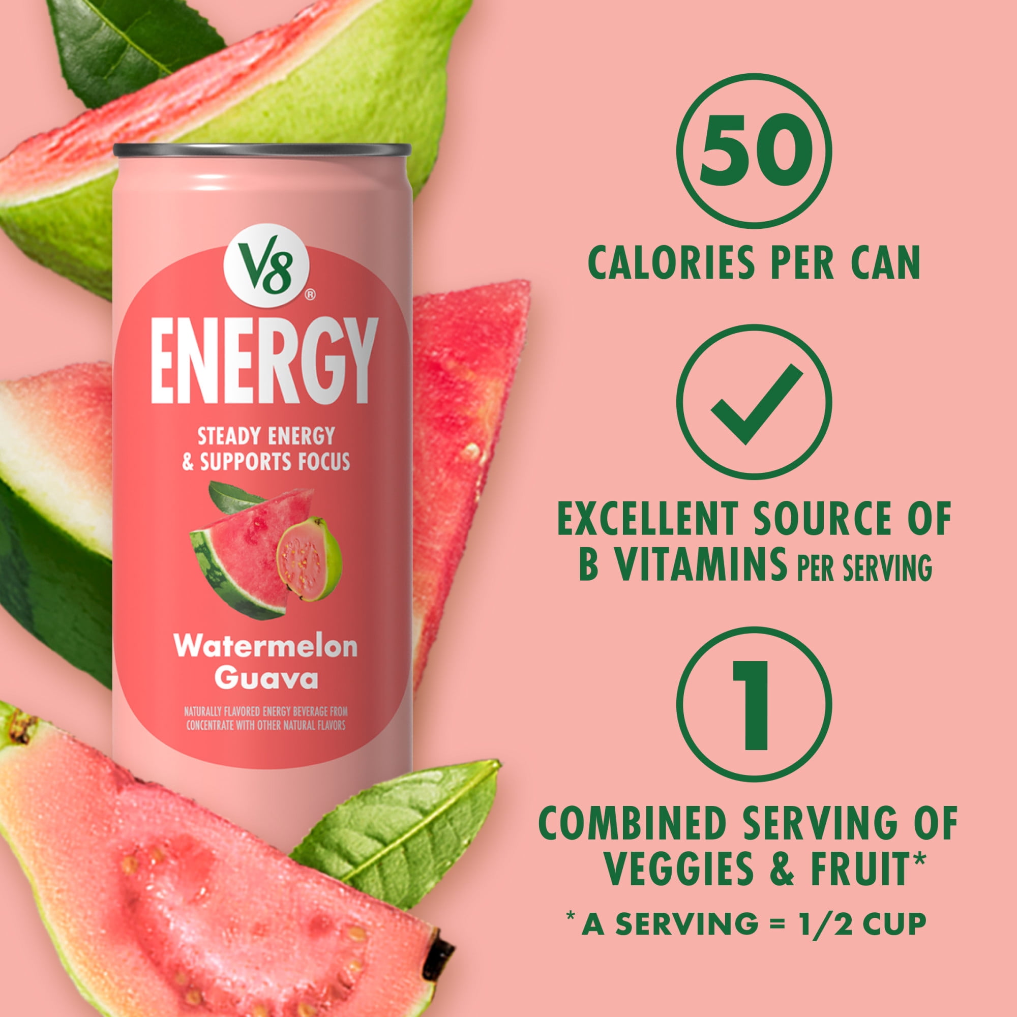 (2 pack) V8 Energy Watermelon Guava Energy Drink, 8 fl oz Can (12 Pack)