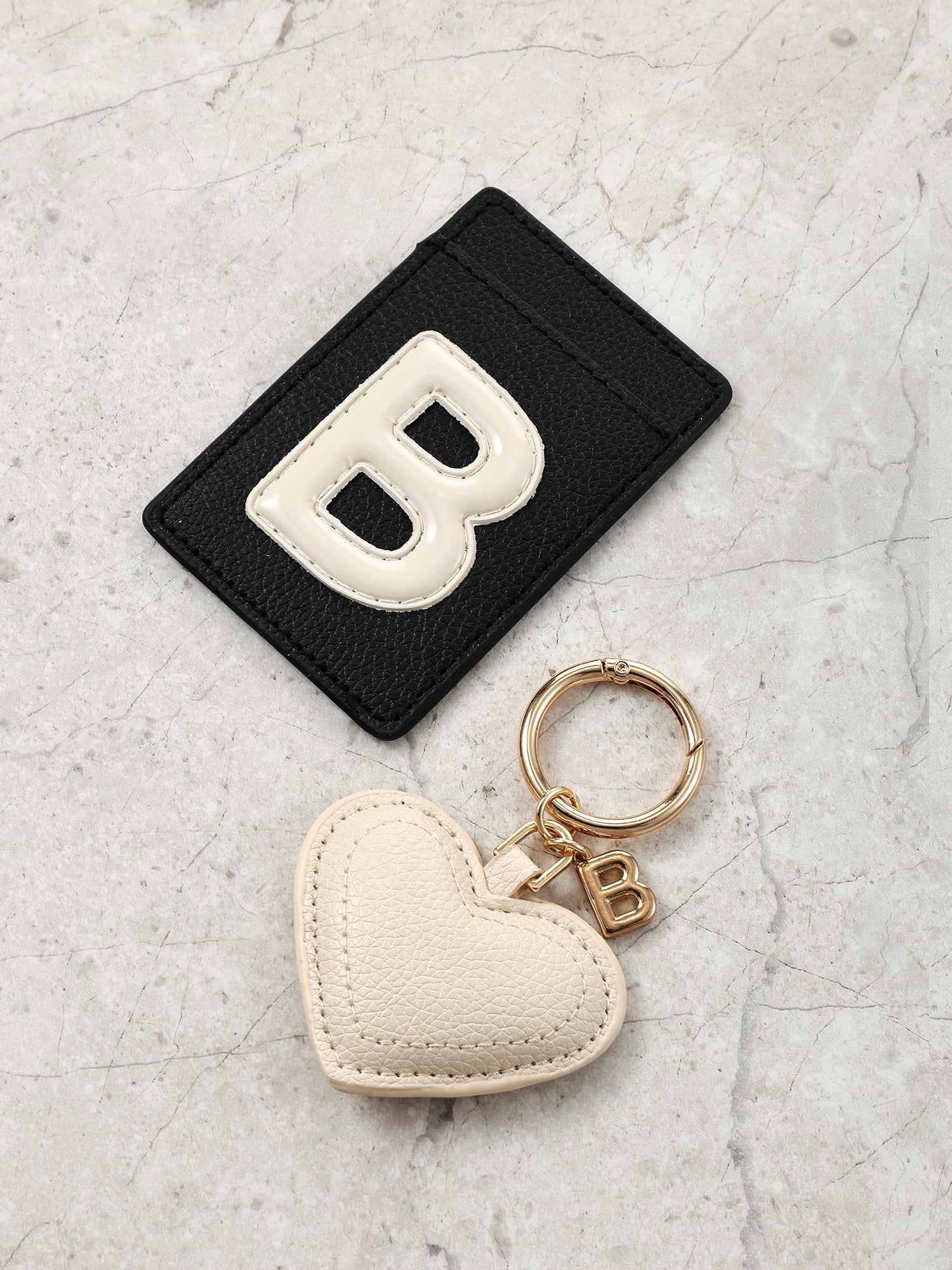 Time and Tru Goldtone and Faux Leather Heart-Shaped Keyring and Adhesive Phone Wallet, Initial Letter B, 2 Pieces, Black and Ivory