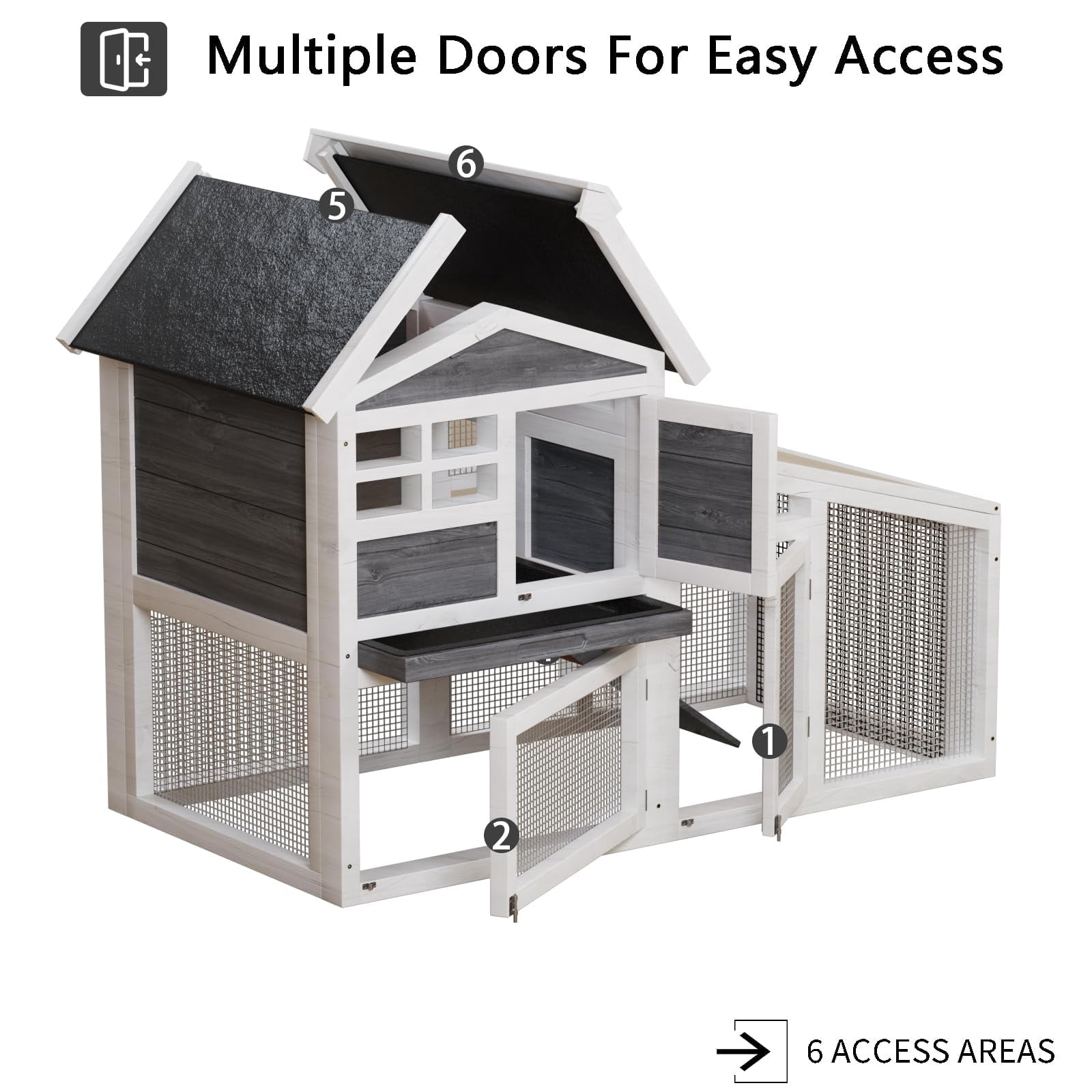 QinaQin Double Layer Rabbit Hutch,Wooden Bunny Cage with Run,Removable Tray,Weatherproof Asphalt Roof,& Ramp,Indoor/Outdoor Pet House,Grey