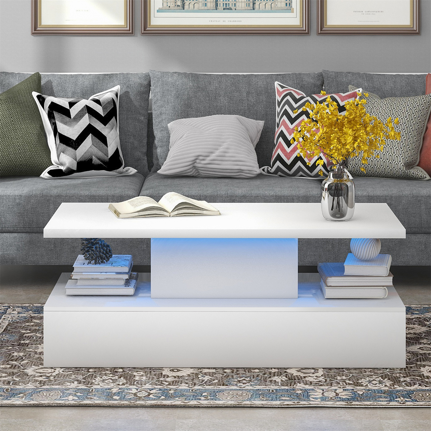 Rectangle Coffee Table Modern High Glossy Coffee Table with LED ...